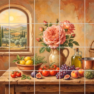 Rustic Tuscan still life with fruit, flowers, and a window view of hills.