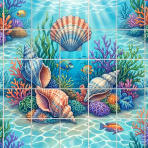 An illustrated tile mural of a colourful underwater coral reef with seashells and fish.