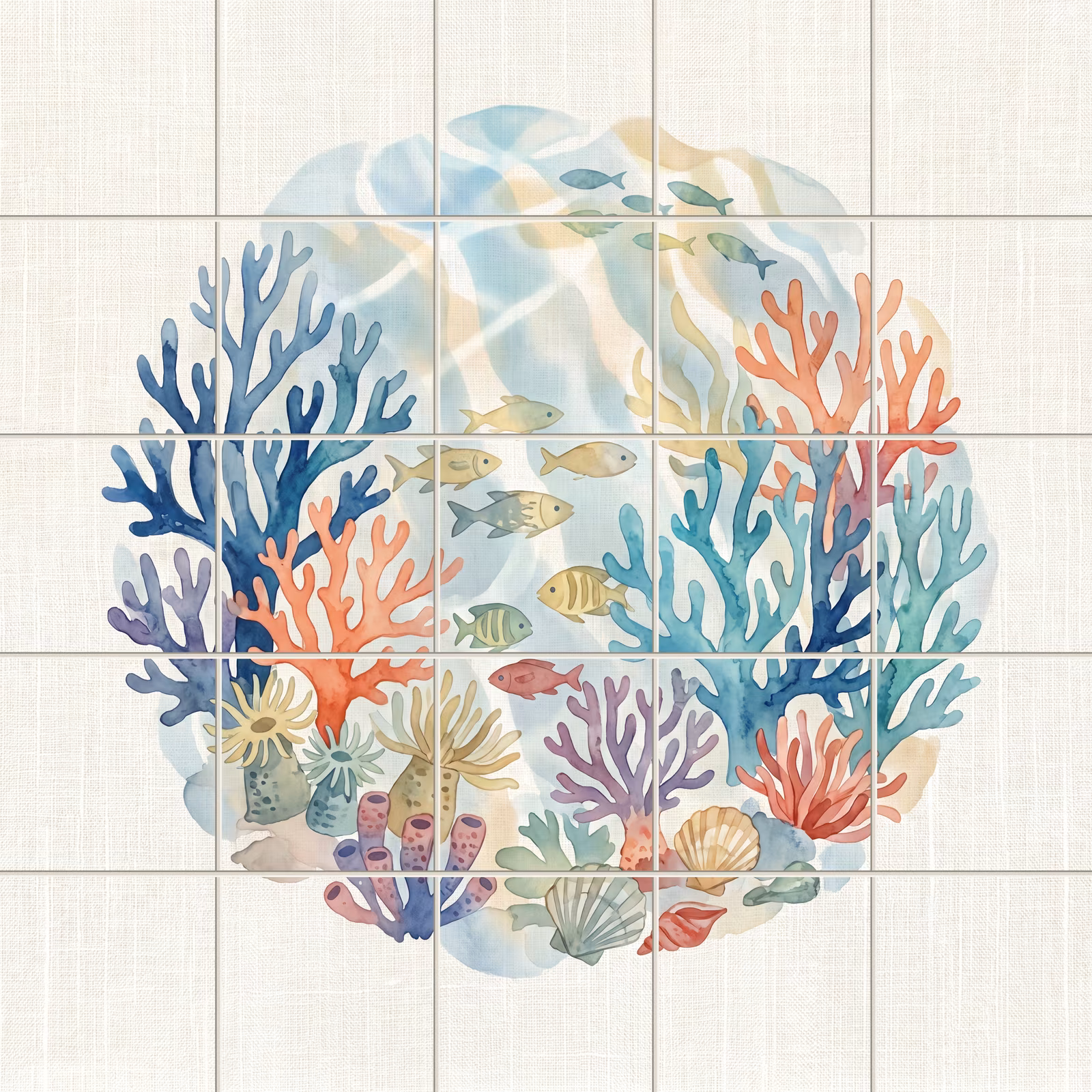 A circular watercolour painting of a colourful coral reef on a tiled wall.