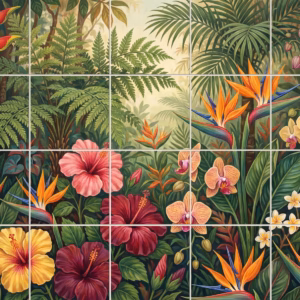 Local Color tile mural: a painterly mural of a tropical jungle filled with colourful flowers and foliage.