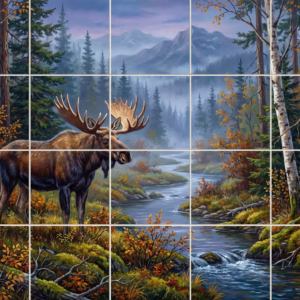 Lodge Moose 2 tile mural: a painted mural of a large bull moose by a river in a misty autumn forest.