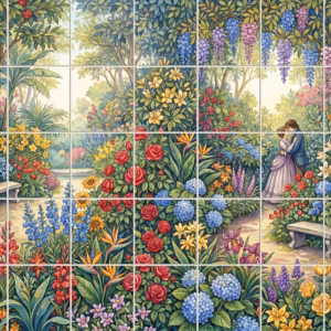 A tile mural of a man and woman embracing in a vibrant, flower-filled garden.