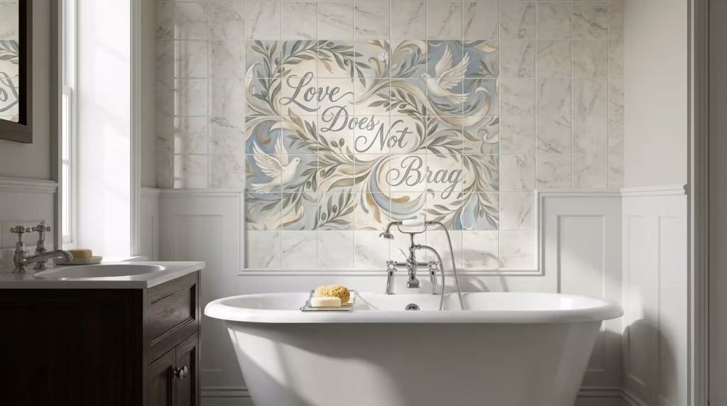 love does not brag tile mural in situ