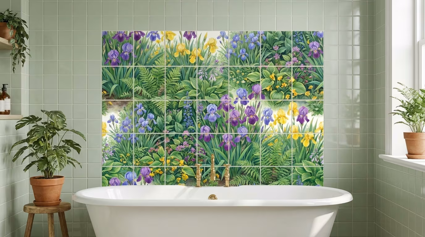 lovely iris tile mural in situ