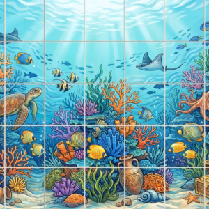 Illustrated tile mural of a vibrant underwater coral reef with a sea turtle.