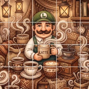 An illustrative mural of the character Luigi in a cosy coffee shop.