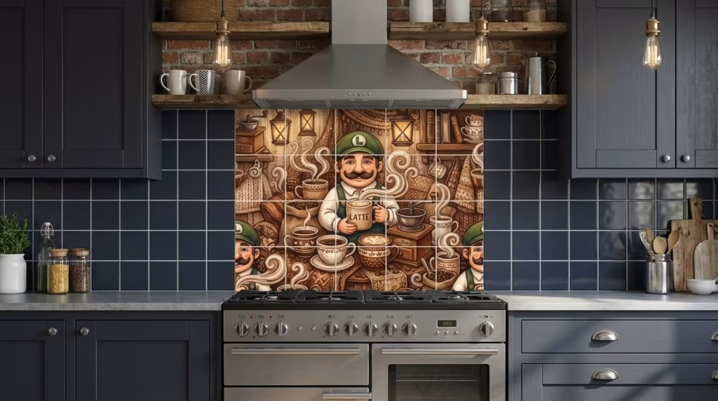luigi with latte tile mural in situ