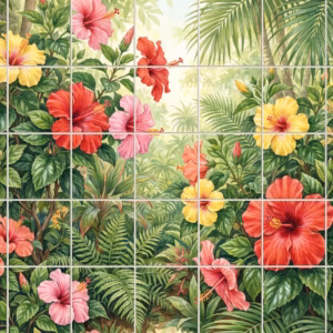 A tile mural of a lush tropical jungle with red, pink, and yellow hibiscus flowers.