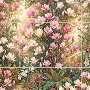 A tile mural depicting a dense forest scene with blooming pink and white magnolias.