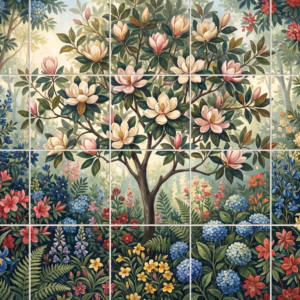 Tile mural of a magnolia tree in a forest filled with colourful flowers.