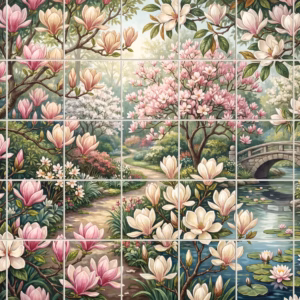 A painterly tile mural of a magnolia garden with a stone bridge and pond.