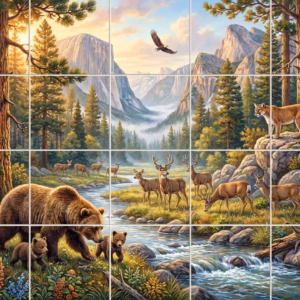 Majestic Sierra tile mural: a painted wilderness scene with a bear, cubs, deer, and a cougar.