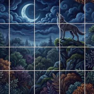 A tile mural of a wolf howling at the crescent moon at night.