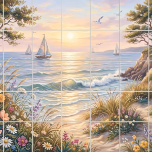 A painted tile mural of a coastal sunrise with sailboats and colourful wildflowers.