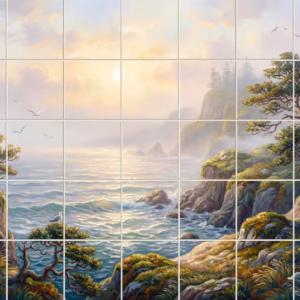 Tile mural of a painterly seascape with misty cliffs and a sunrise.