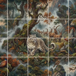 Painted tile mural of a snow leopard and other wildlife in a misty mountain forest.