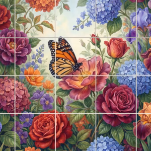 A tile mural of a monarch butterfly on a flower surrounded by colourful garden blossoms.