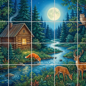 A tile mural of a moonlit forest with a log cabin, river, and animals.