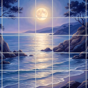 A painterly mural of a full moon shining over a rocky coastal cove.