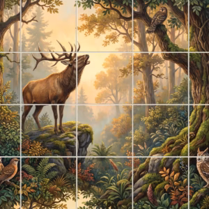 An illustrative tile mural of a stag bugling on a cliff in a forest.