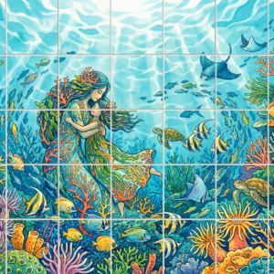 Watercolour mural of a mermaid mother and child embracing in a colourful coral reef.