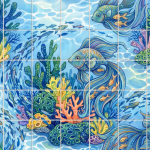 An illustrative tile mural of large blue fish swimming through a colourful coral reef.