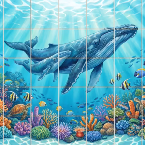 A mother and calf humpback whale swim over a colourful coral reef.
