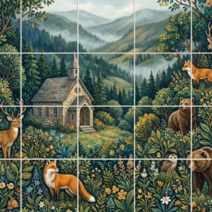 An illustrative tile mural of woodland animals and a church in a forest.