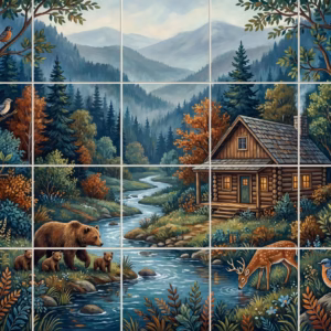 A painterly mural of a woodland scene with a log cabin and animals.