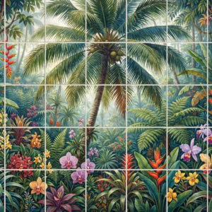 Coconut Palm tile mural: a colourful tile mural of a tropical jungle with a central palm tree.