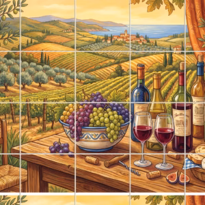 A painterly tile mural of a Tuscan landscape with wine and grapes.