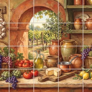 A rustic Italian kitchen scene with fresh food and a view of a vineyard.