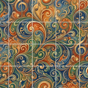 Ornate tile mural with musical notes and instruments amid colourful swirling patterns.