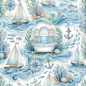 A watercolour tile mural with a repeating pattern of sailboats and bathtubs.