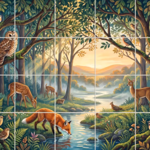 An illustrated mural of woodland animals like a fox, deer, and owl by a stream.