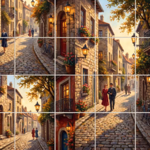 A romantic painting of couples on a vintage European cobblestone street at sunset.