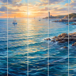 A painting of sailboats on the sea at sunset with a distant lighthouse.