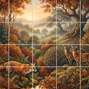 An illustrative mural of a fox and two deer in a colourful autumn forest.