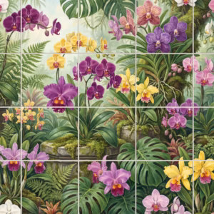 Orchid Delight II tile mural: a mural of purple, pink, yellow, and white orchids with lush ferns.