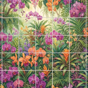 Orchid Delight tile mural: a colourful tile mural of a dense jungle filled with purple and orange orchids.