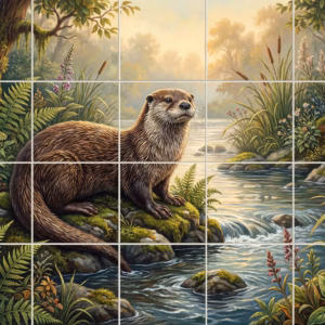 A painted mural of a brown otter on a mossy rock beside a woodland stream.