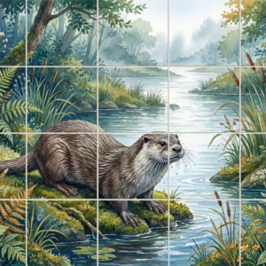 Otter by the River No. 3 tile mural: a watercolour painting of an otter on a mossy riverbank beside a stream.