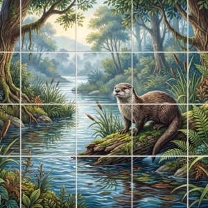 Otter by the River No. 4 tile mural: an illustrative mural of an otter on a log by a river in a forest.