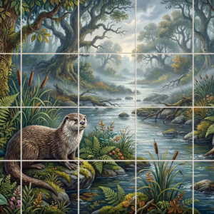 A painted mural of an otter on a rock by a misty forest stream.