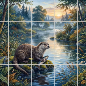 An otter holding a fish on a rock by a river in a forest.