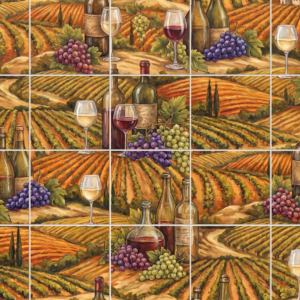 A painted mural of a vineyard landscape with wine bottles and grapes.
