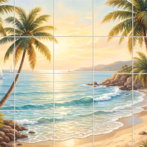A painted mural of a tropical beach with palm trees and sailboats at sunset.