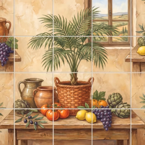 A tile mural of a Tuscan kitchen still life with fresh produce.