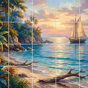 Paradise Found tile mural: painterly mural of a tropical beach with a sailboat at sunset.