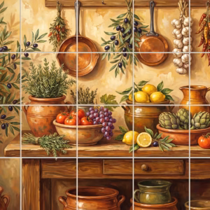 A rustic kitchen still life mural with olives, lemons, herbs, and copper pans.